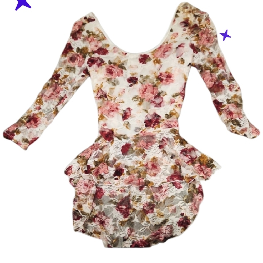 Floral Vintage Lace Dress Opened Back Top Ruffled Edge Fitted Jrs Lg